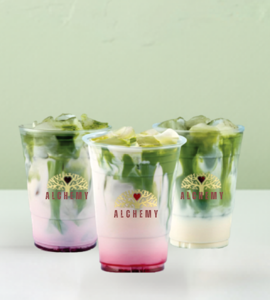 Image of three mixed drinks using matcha and syrups 