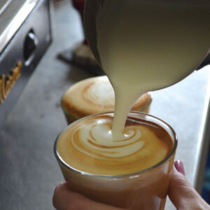 pouring creamy latte style milk at Zentvelds Coffee