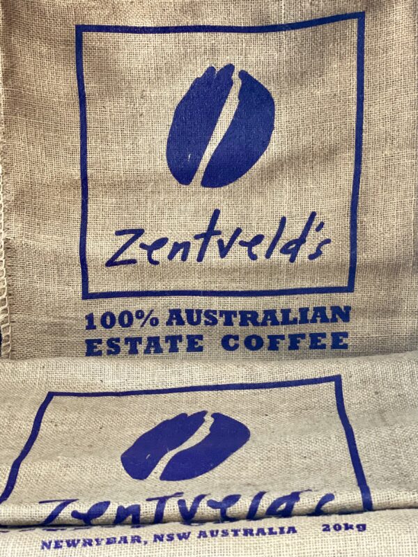 Zentveld logo hessian 20kg coffee bag shows 2 here.